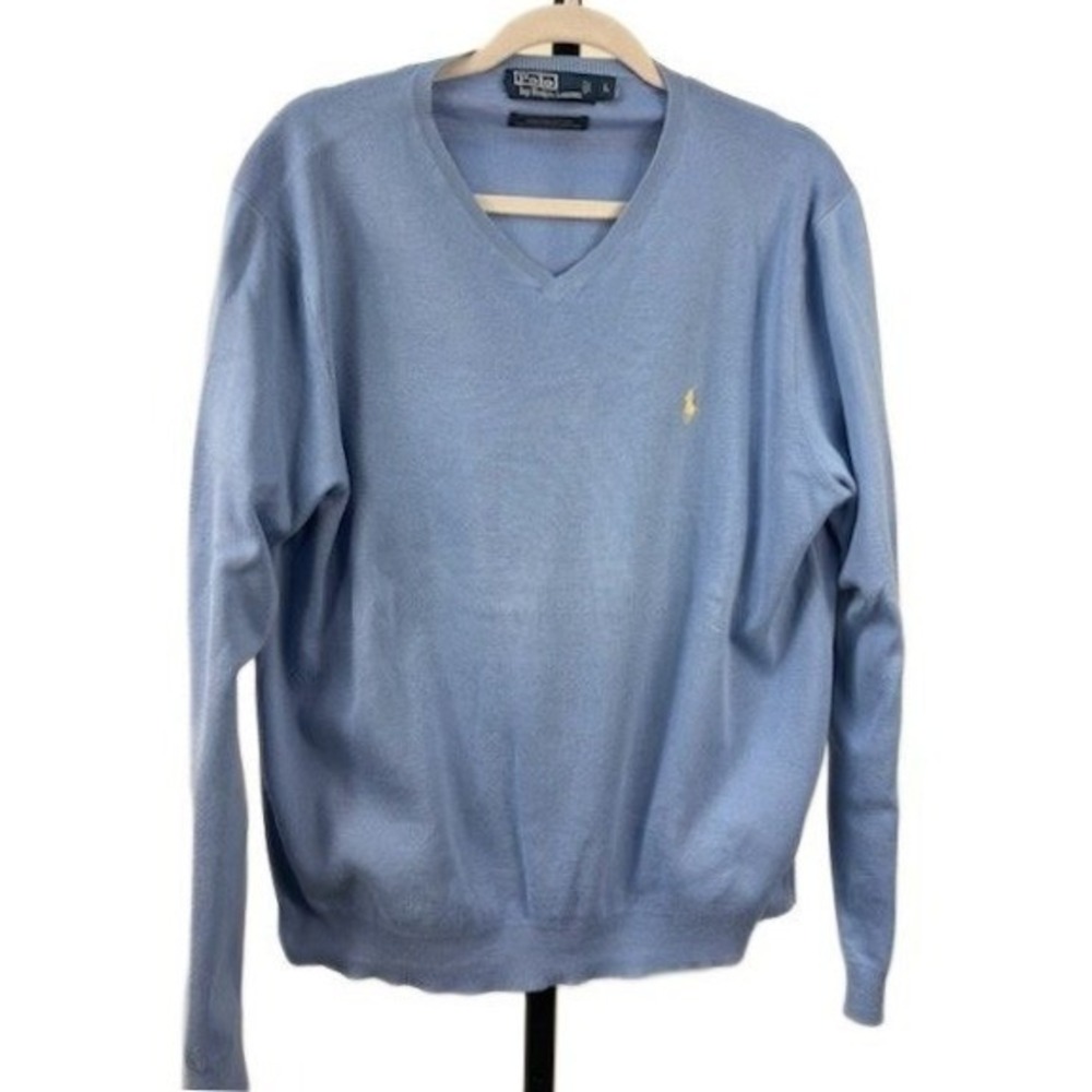 Polo Ralph Lauren Sweater Men's Size Large‎ Light Blue 100% Pima Cotton V Neck